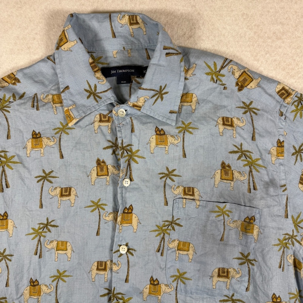 Jim Thompson XL Men's Relaxed Fit 100% Linen Elephant Palm Tree Shirt Light Blue